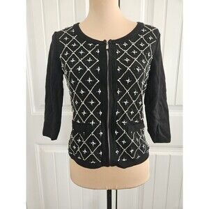 White House Black Market Beaded  Cardigan Black Full Zip 3/4 Sleeve Size S